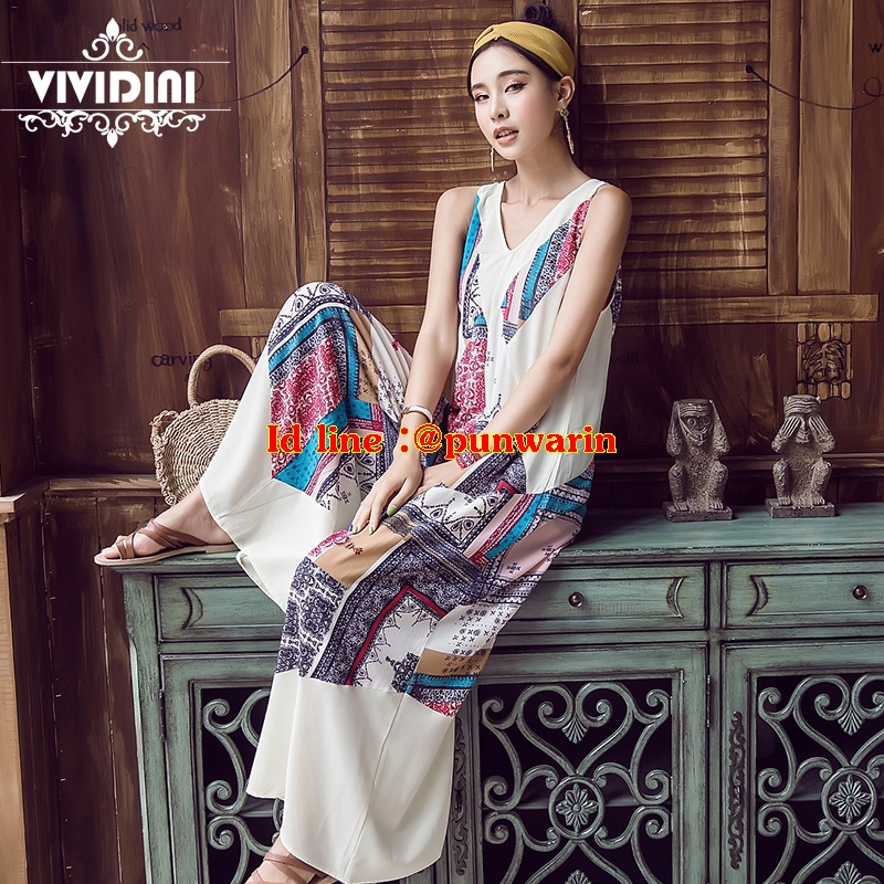 ชุดจั้มสูทคอวียาว สีขาวแขนกุดสไตล์โมฮีเมียน สวยแซ็กซี่แปลกตา ขาว S-XL UM6211009 ชุด