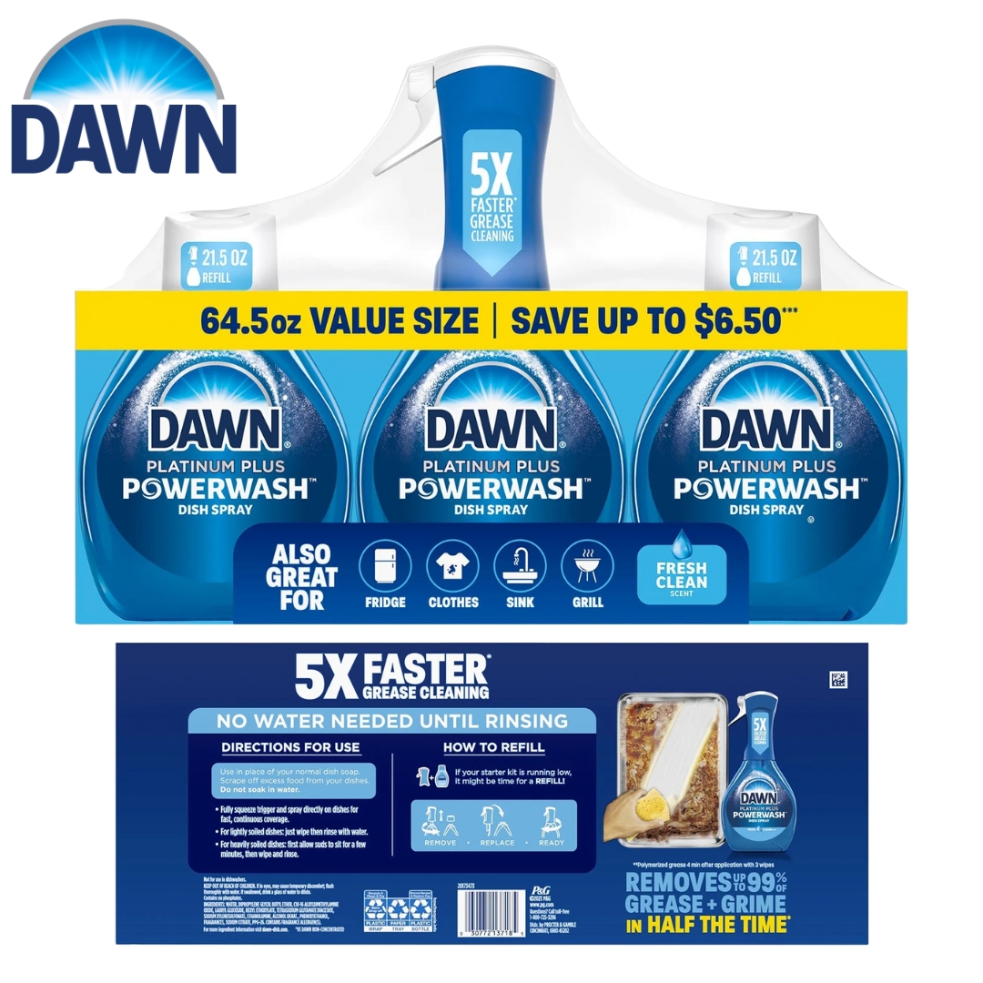 นำเข้า 🇺🇸 👉 ชีวิตง่ายขึ้น 5 เท่า‼️เซทสเปรย์ล้างจาน Dawn Platinum Plus Powerwash กลิ่นหอมสดชื่น 🌿ขวดสเปรย์ 1 ขวด + รีฟิล 2 ขวด ปริมาณ 64.5 ออนซ์ ✨