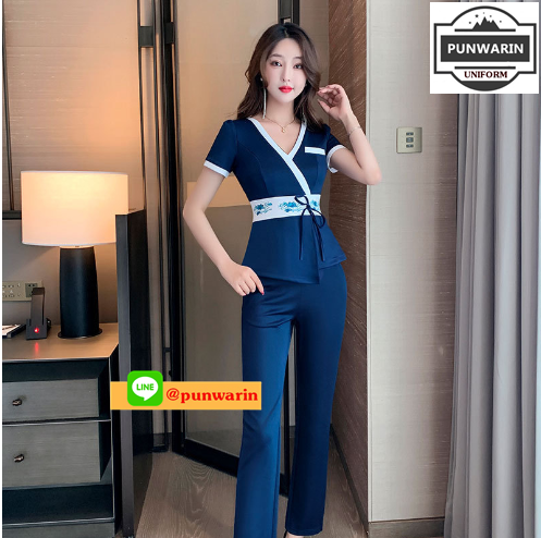 ชุดพนักงานเฮลท์คลับ ช่างเสริมสวย สปา สลิมมิ่ง แช่เท้า ซาวน่า ช่างเทคนิค เสื้อผ้าทำงาน กรมท่า แดง S-3XL S6609*007 ชุด