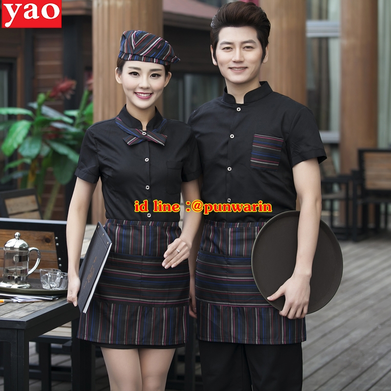F6012015 เครื่องแบบชุดฟอร์มพนักงานร้านอาหารกาแฟโรงแรม แขนสั้นผ้าฝ้ายกระดุมหน้า แดง ดำ เขียว L-3XL F6012015 เสื้อ+กันเปื้อน