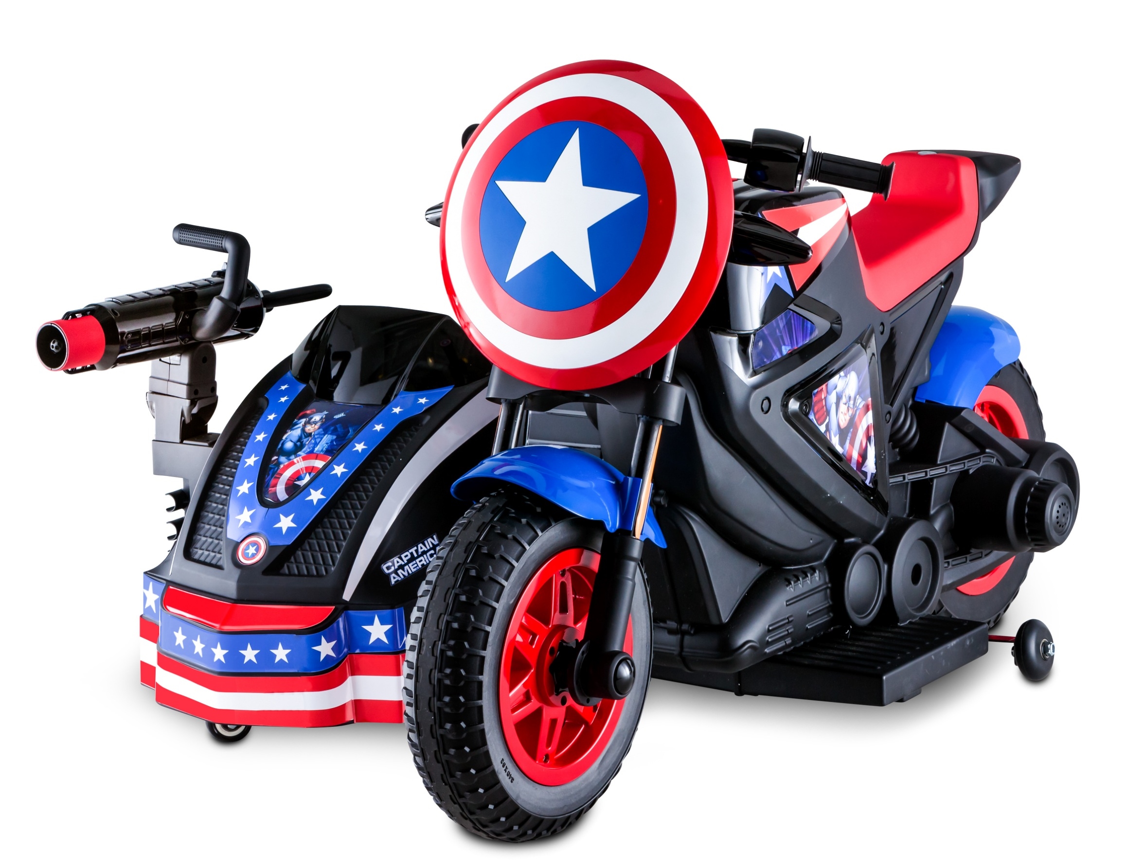 Kid Trax 12-Volt Captain America Motorcycle Ride-On รถจักรยานยนต์พ่วงข้างกัปตันอเมริกาขี่ได้ 2 คน ราคา 16,500 บาท