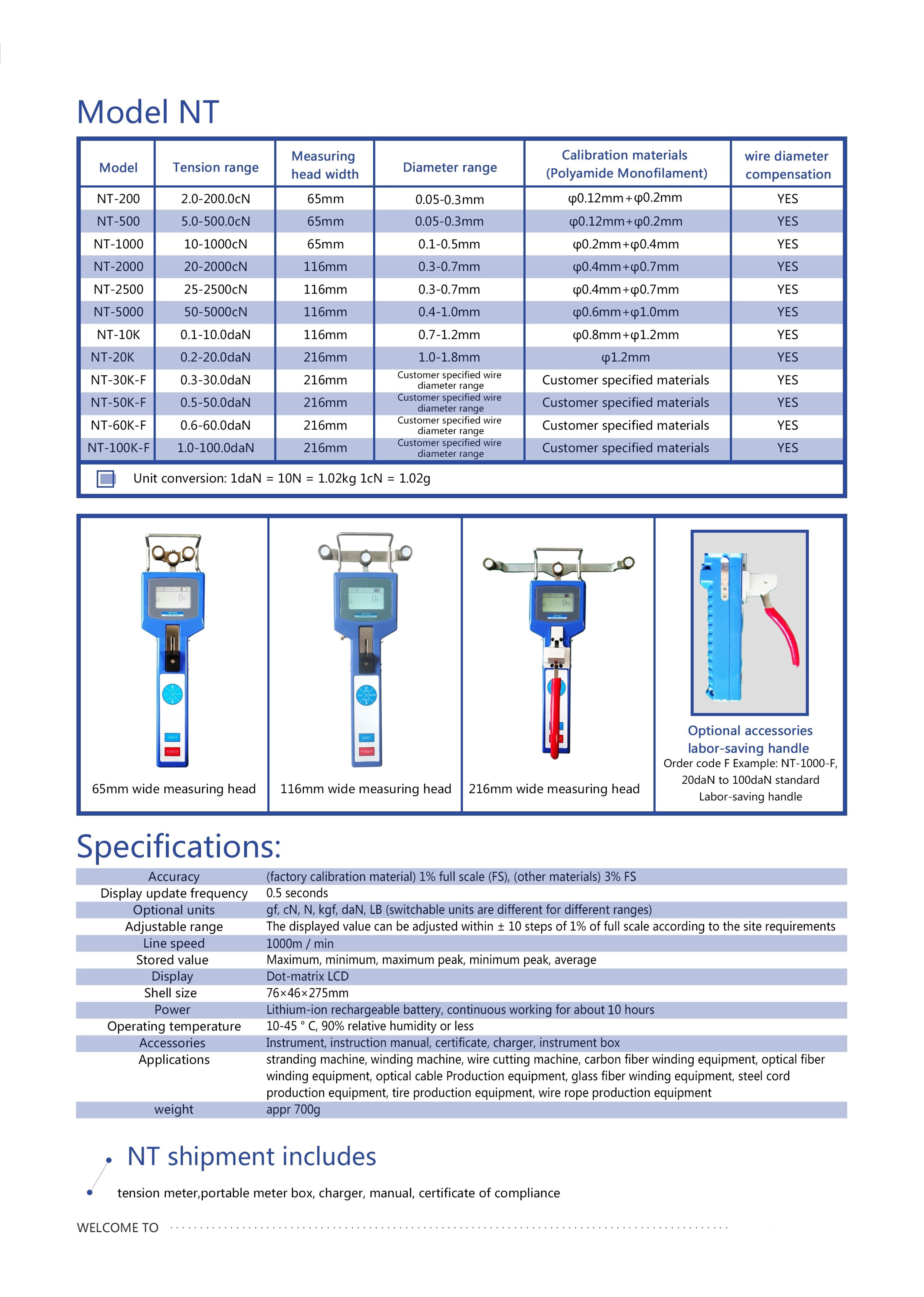 Betten รุ่นNT-2500เครื่องและเกจวัดแรงตึงสิ่งทอเส้นด้าย,Digital General-purpose tension meter,Meas.head width116mm,Range:25～2500cN.