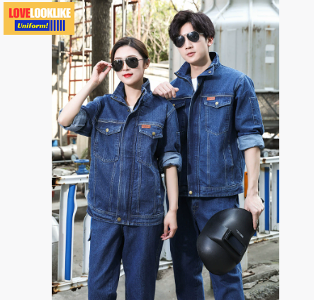 ชุดทำงานผ้ายีนส์ (เดนิม) ฤดูใบไม้ผลิและฤดูใบไม้ร่วง ผ้าฝ้ายแท้ ป้องกันการลวก หนา ชุดช่างเชื่อมไฟฟ้า ผู้ชายและผู้หญิง ปกตั้ง ซ่อมรถยนต์ สีภาพ S-4XL Y6807002 ชุด