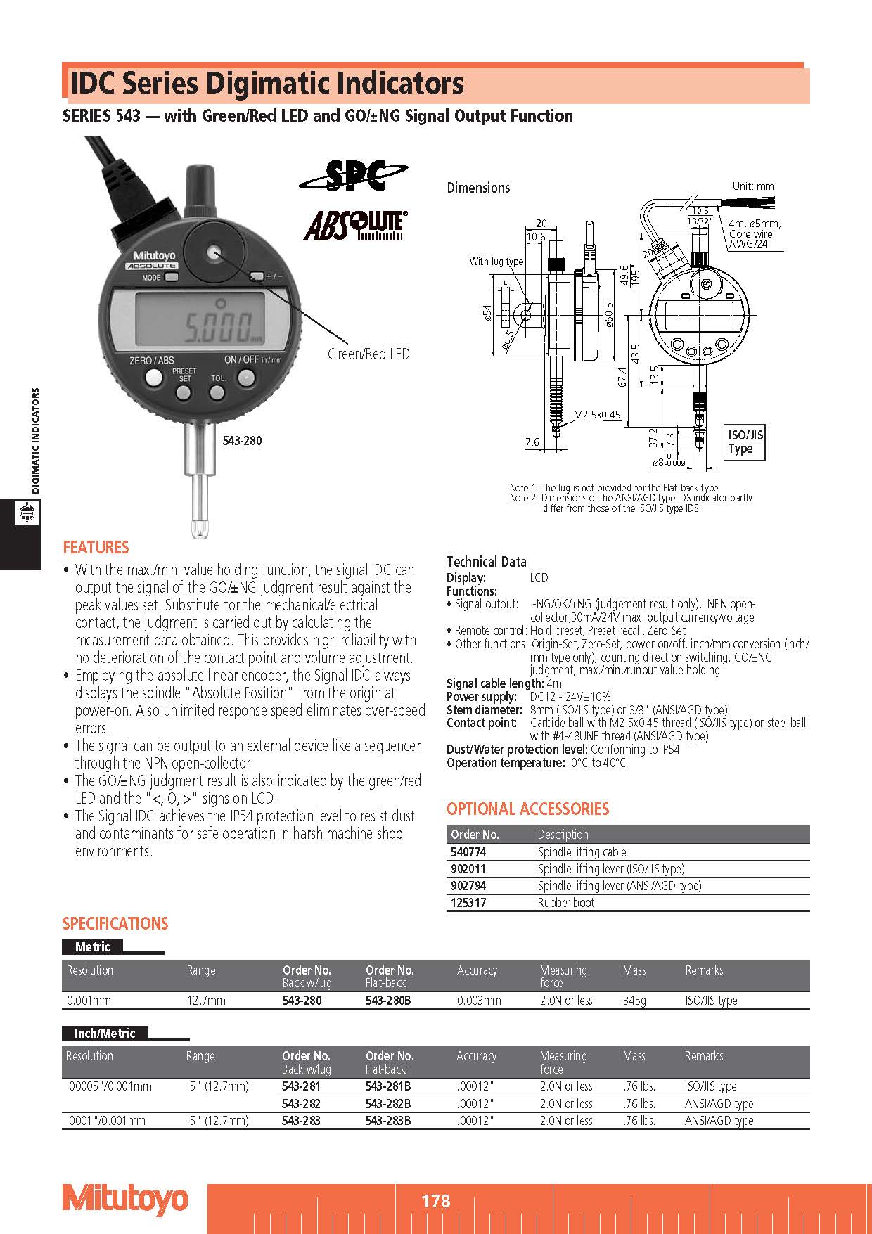 IDC Series Digimatic Indicators SERIES 543 — with Green/Red LED and GO/±NG Signal Output Function