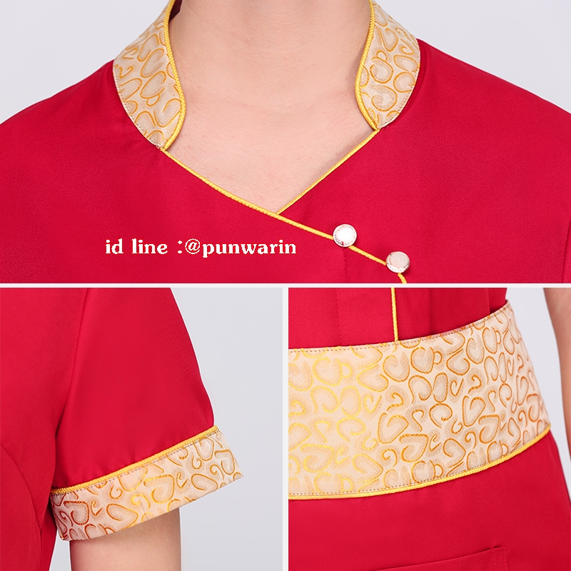 เสื้อฟอร์มพนักงานเครื่องแบบชุดฟอร์มพนักงานร้านอาหารกาแฟโรงแรม แขนสั้นผ้าฝ้ายกระดุมหน้า แดง ดำ ม่วง M-3XL F6211001 เสื้อ+ผ้ากันเปื้อน
