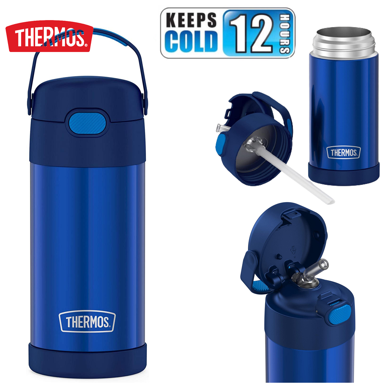 กระติกดูดน้ำแตนเลสหุ้มฉนวนสุญญากาศยี่ห้อ Thermos ของแท้ขนาด 12 ออนซ์ ลาย Blue ราคา 990 - บาท