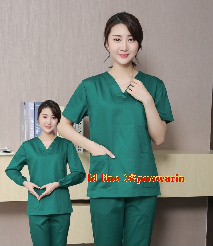 ชุดฟอร์มพนักงานสำเร็จรูป ชุดหมอผ่าตัด ชุดพยาบาลห้องผ่าตัด เอวยางยืด สีเขียวเข้ม S-2XL T6211004-7 ชุด