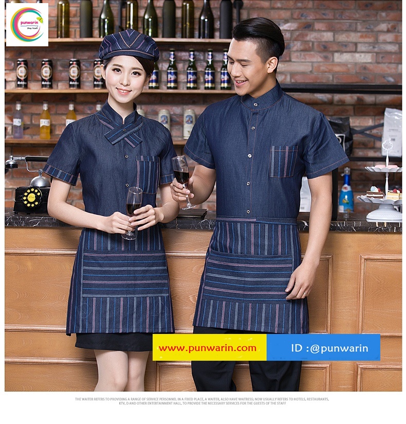 เสื้อฟอร์มพนักงานเครื่องแบบชุดฟอร์มพนักงานร้านอาหารกาแฟโรงแรม แขนสั้นผ้าฝ้ายกระดุมหน้า สียีนส์ L-3XL F6012014 ตัว