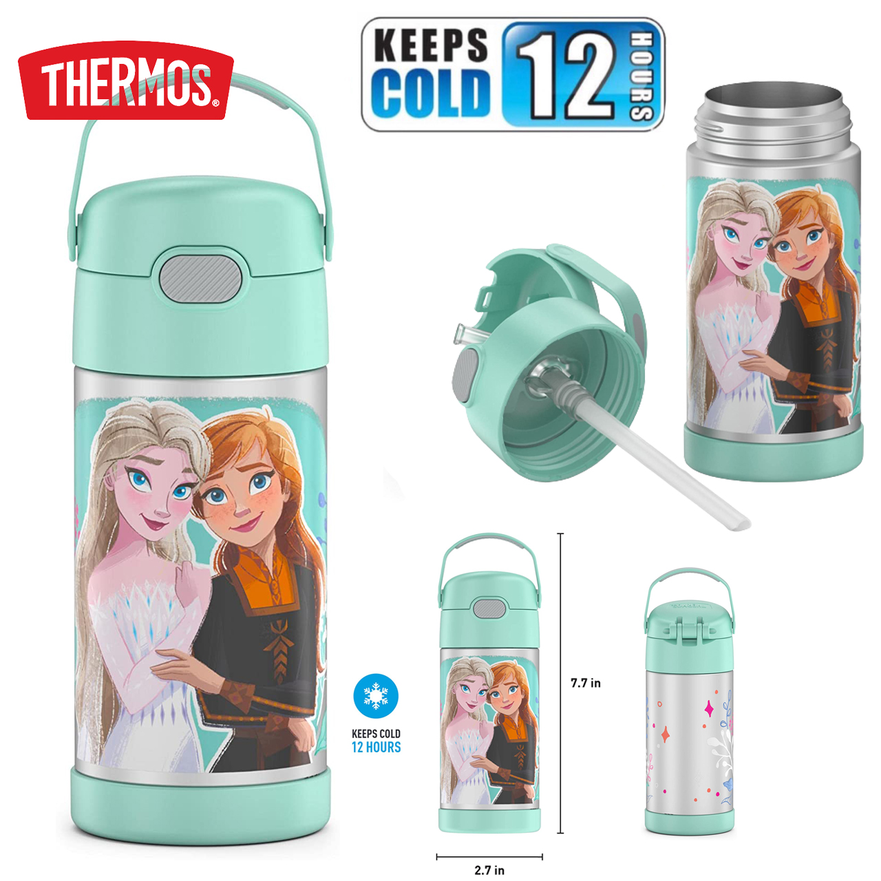 กระติกดูดน้ำสแตนเลสหุ้มฉนวนสุญญากาศยี่ห้อ Thermos ของแท้ขนาด 12 ออนซ์ ลาย Frozen 2 ราคา 990 - บาท