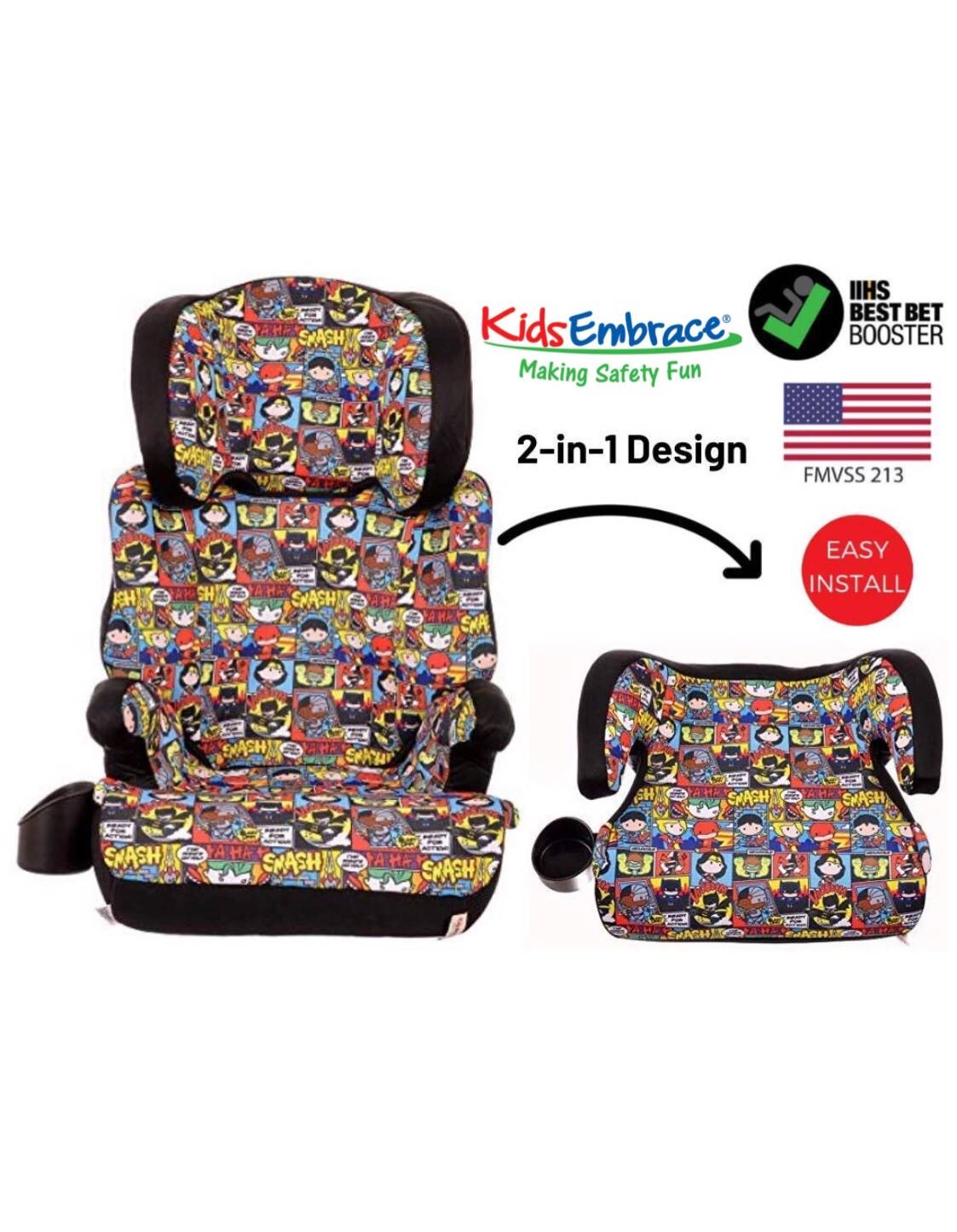 บูสเตอร์ซีท คาร์ซีทสำหรับเด็กโต แบบแยกส่วนได้ ลายซุปเปอร์ฮีโร่ KidsEmbrace High-Back Booster Car Seat, DC Comics Chibi Justice League