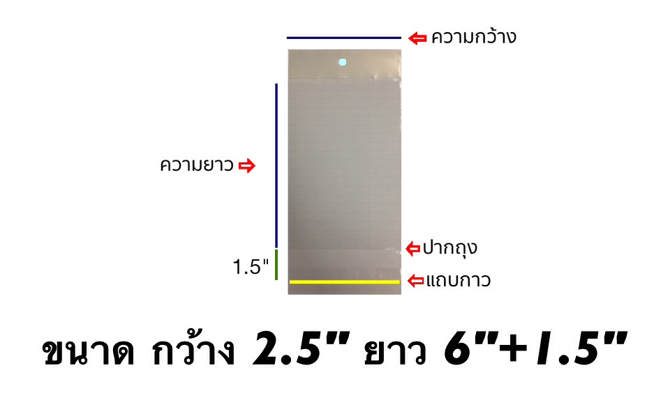 ถุงแก้วซิลหัวมุกมีแถบกาว ขนาด 2.5x6+1.5 นิ้ว