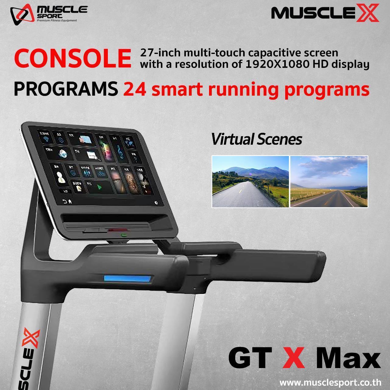ลู่วิ่งไฟฟ้าMuscleX GT X Max Touch Screen ทัชสกรีน, ลู่วิ่งไฟฟ้ามอเตอร์AC, ลู่วิ่งไฟฟ้าฟิตเนส, ลู่วิ่งไฟฟ้าราคา