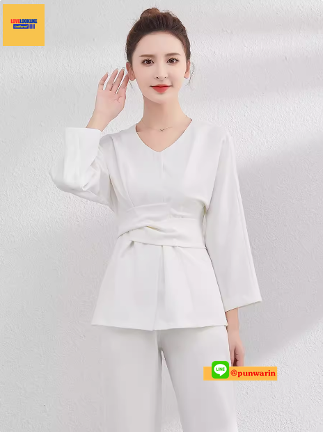 ชุดพนักงานต้อนรับคลีนิคเสริมความงาม พนักงานฟร้อน เบจ ขาว เหลือง S-5XL SKU-04162 ชุด