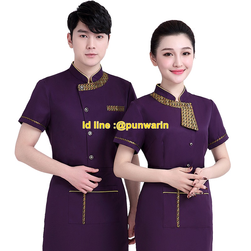 เสื้อพนักงานต้อนรับ เสื้อพนักงานเสริฟ เสื้อพนักงานโรงแรม เสื้อพนักงานร้านอาหาร เสื้อพนักงานร้านกาแฟ เสื้อพนักงานซุปเปอร์มาร์เก็ต ดำ,แดง,ม่วง L,XL,XXL,3XL F6106004 เสื้อ+ผ้ากันเปื้อน