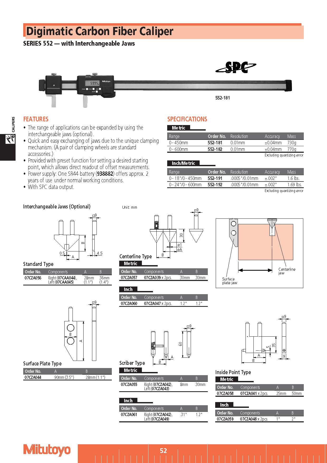 Digimatic Carbon Fiber Caliper SERIES 552 — with Interchangeable Jaws