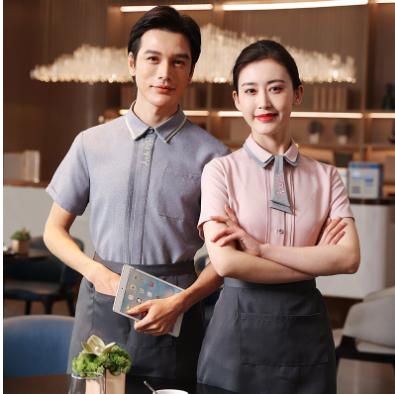 เสื้อฟอร์มพนักงานร้านอาหารกาแฟโรงแรม แขนสั้น เขียว ชมพู เทา L-3XL F6705014 เสื้อ+กันเปื้อน ** ขั้นต่ำ 2 ตัว