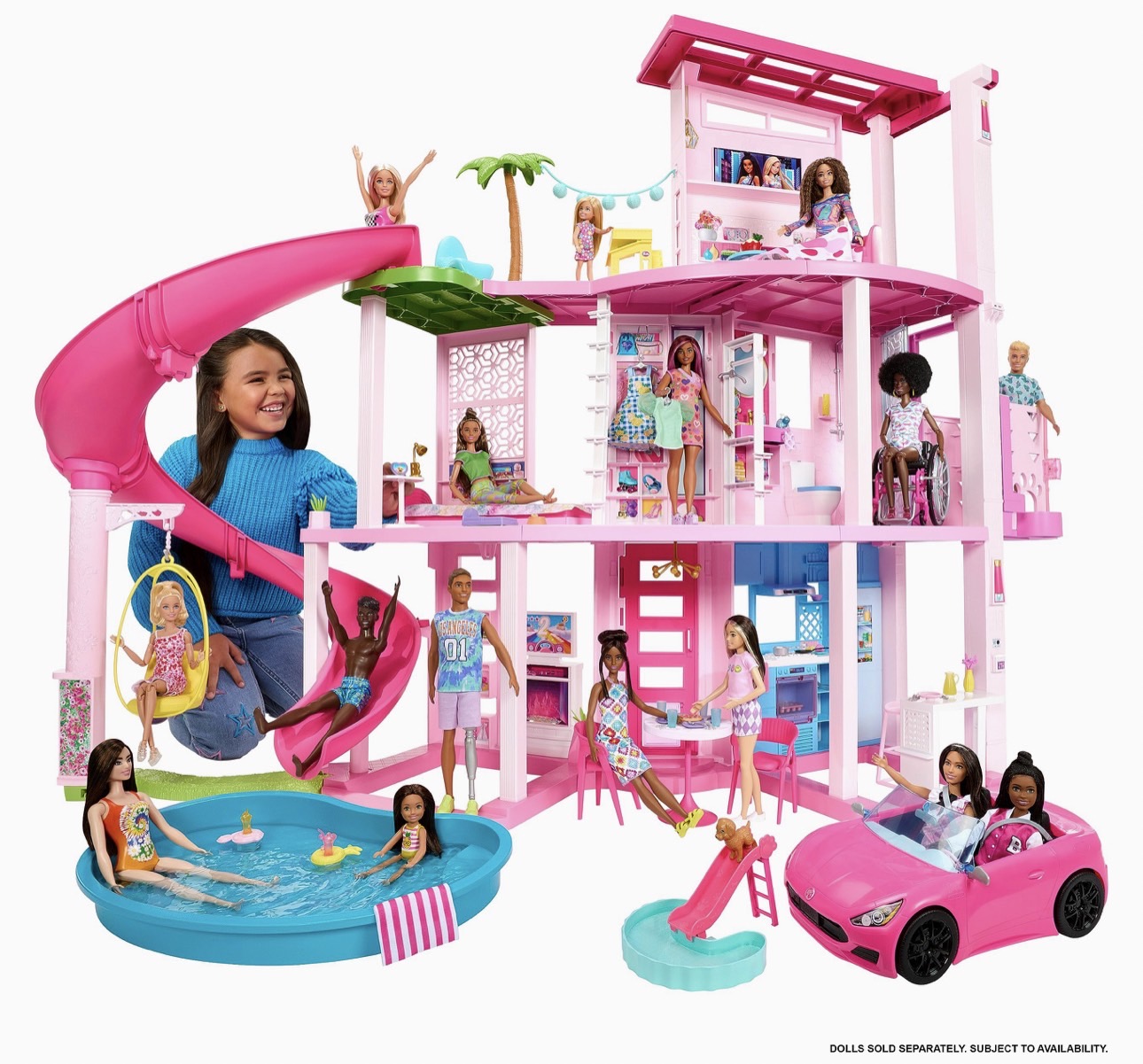 นำเข้า🇺🇸 บ้านตุ๊กตาบาร์บี้แบบในหนัง Barbie Dreamhouse 2023, Pool Party Doll House with 75+ Pieces and 3-Story Slide, Barbie House Playset, Pet Elevator and Puppy Play Areas, ราคา 12,900 บาท