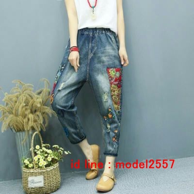 JW6106002 กางเกงยีนส์ผู้หญิงเกาหลี Retro Art สไตล์ Harem ทรงหลวมเย็บปักถักร้อย ยีนส์เข้ม M L XL JW6106002 ตัว
