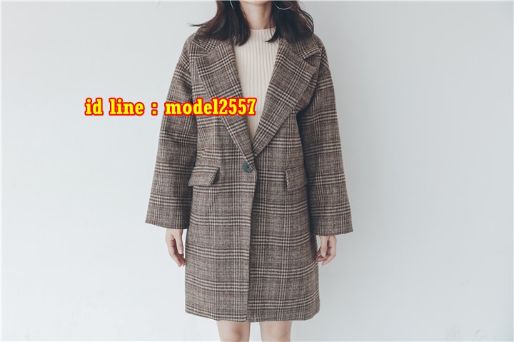 CW6110006 เสื้อโค้ทผ้าฝ้ายผสมขนสัตว์สีดำและน้ำตาลลายสก็อตฤดูหนาวปกเชิ้ต น้ำตาล ดำ S M L CW6110006 ตัว