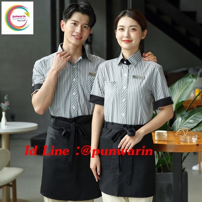 เสื้อพนักงานต้อนรับ เสื้อพนักงานเสริฟ เสื้อพนักงานโรงแรม เสื้อพนักงานร้านอาหาร เสื้อพนักงานร้านกาแฟ ส้ม เทา L-3xl F6310002 เสื้อ+กันเปื้อน