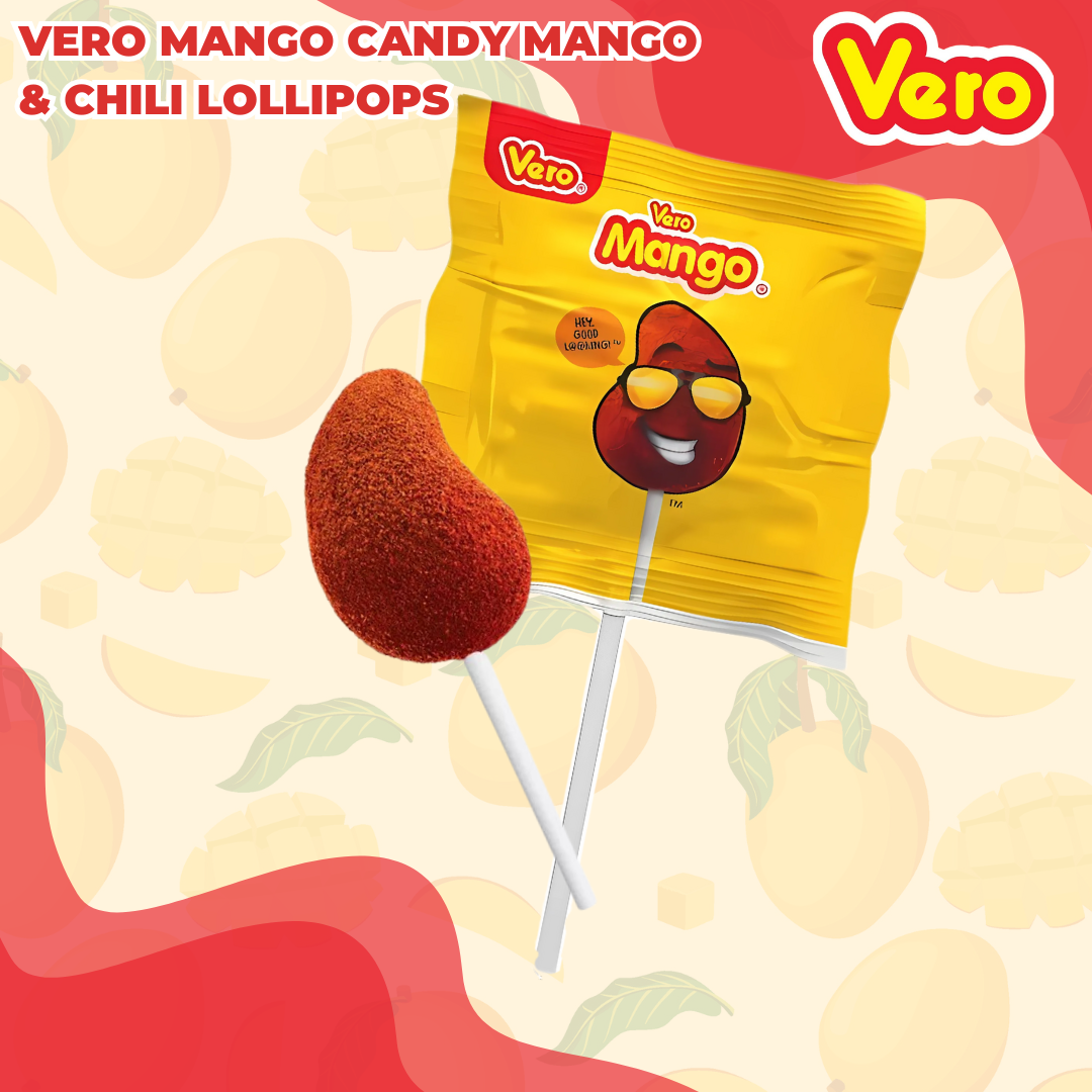 นำเข้า USA 🍭 ลูกอม 🥭 Vero Mango Candy Mango & Chili Lollipops ราคา 500 บาท /ถุงใหญ่ 40 ชิ้น
