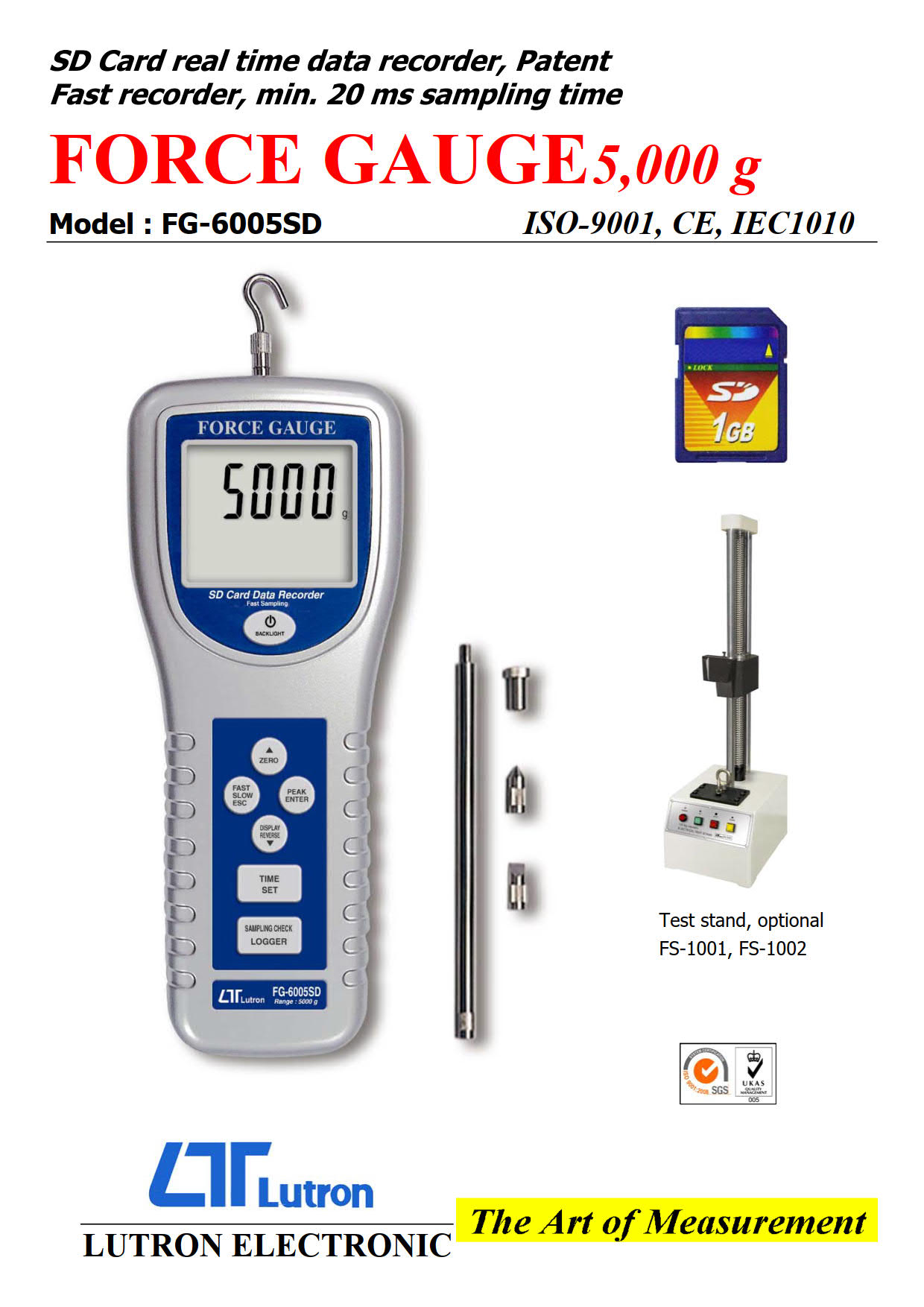 Lutron รุ่นFG-6005SDเครื่องวัดแรงดึงแรงผลักแบบแสดงผลด้วยตัวเลขDigital force gauge SD Card Data Logger(5Kg)FG-6005SD