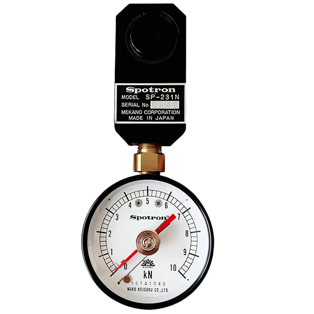 Spotron รหัส SP-232N เกจวัดแรงดันไฮดรอลิก,Hydraulic pressure gauge integrated type scale:0.2kN (20kgf), (Main unit) 18 x 38 x 172, (Meter section)φ78 x 52, mass:670, measurement range:1.0～20 (2000 kgf), 0.2kN (20kgf)