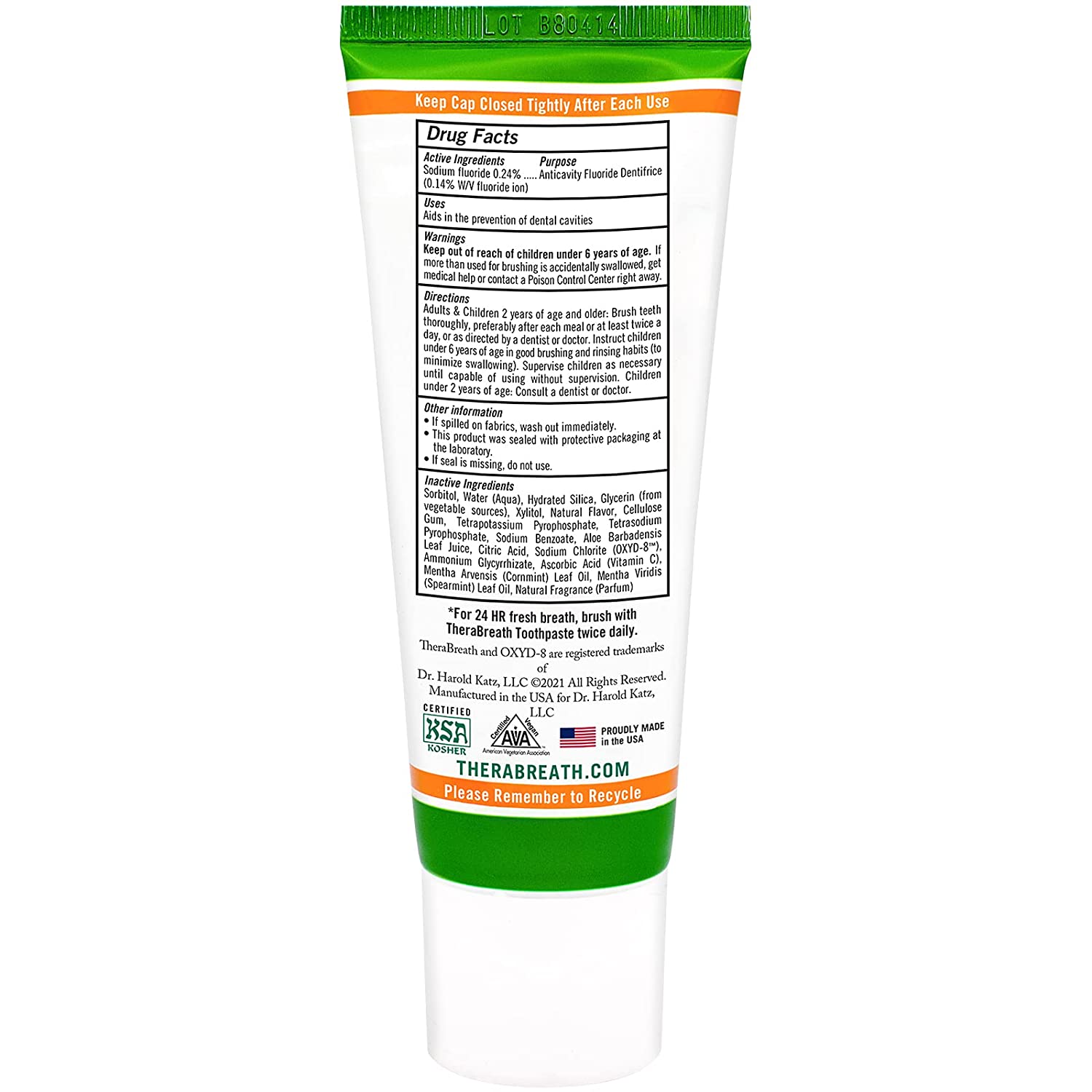 ยาสีฟัน TheraBreath Fresh Breath Dentist Formulated 24-Hour Toothpaste, Mild Mint, 4 Ounce ราคา 550.- บาท