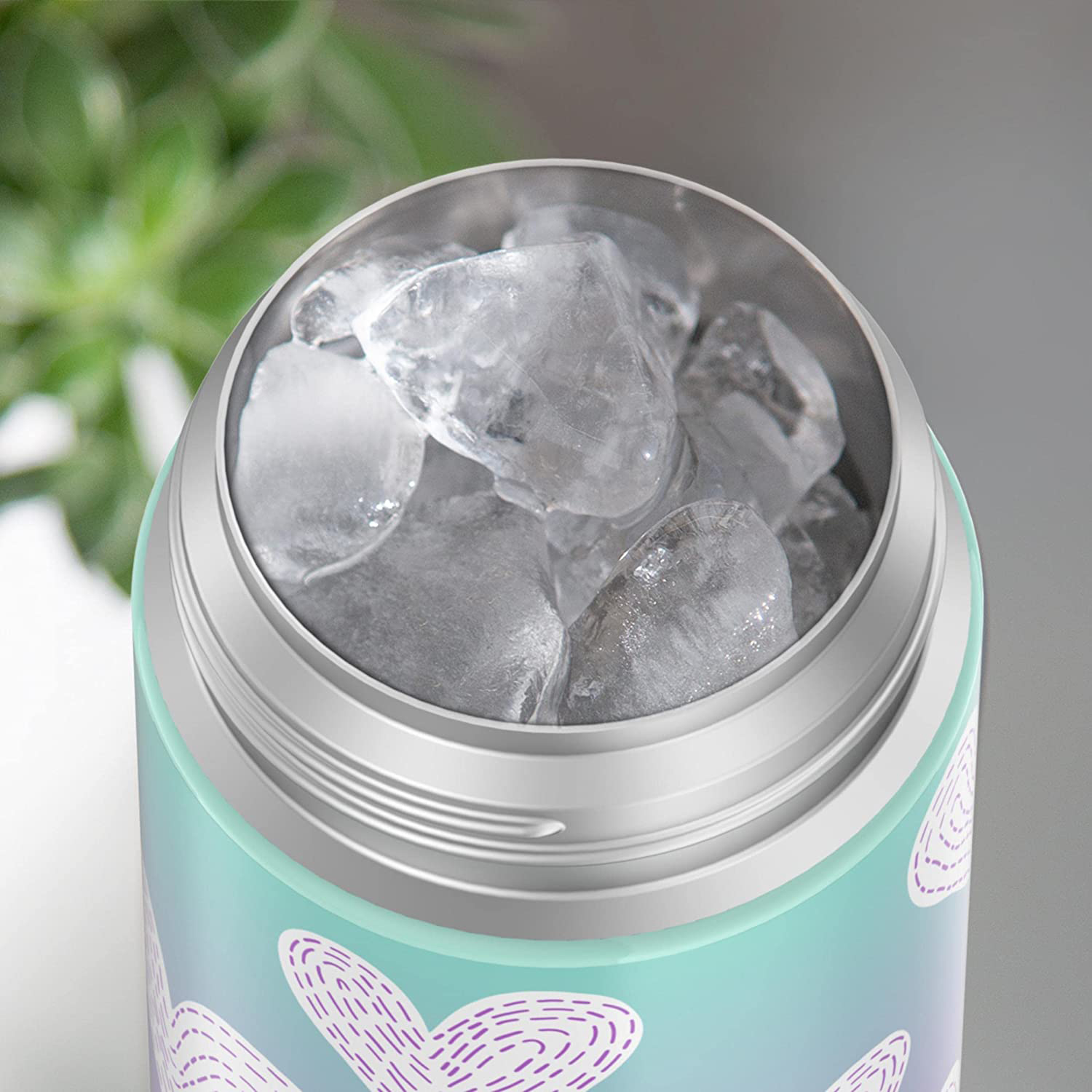 New กระติกน้ำเก็บความเย็น มีหูหิ้ว 12 Ounce Stainless Steel Vacuum Insulated Kids Straw Bottle, Purple Hearts