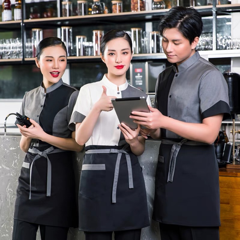 เสื้อฟอร์มพนักงานร้านอาหารกาแฟโรงแรม แขนสั้น เทา L-4XL FL6708001 เสื้อ* ขั้นต่ำ 2 ตัว
