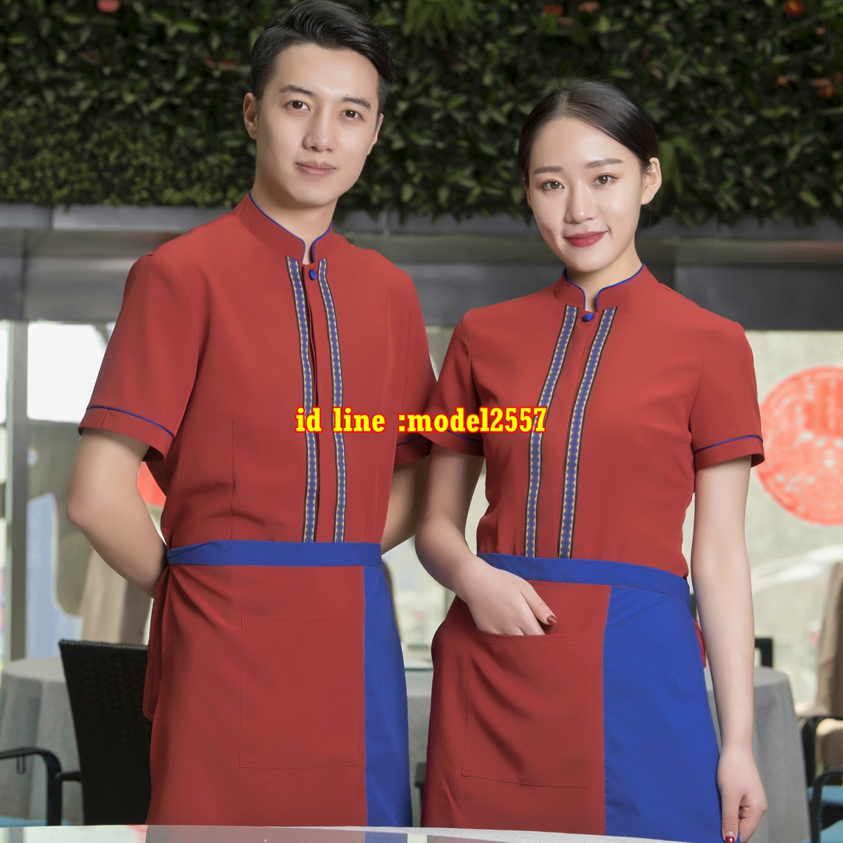 F6109004 เสื้อพนักงานต้อนรับพนักงานเสริฟเสื้อพนักงานโรงแรมนรีสอร์ทคอจีน ฟ้า ขาวแดง S M L,XL,XXLม3ปส F6109004 ตัว