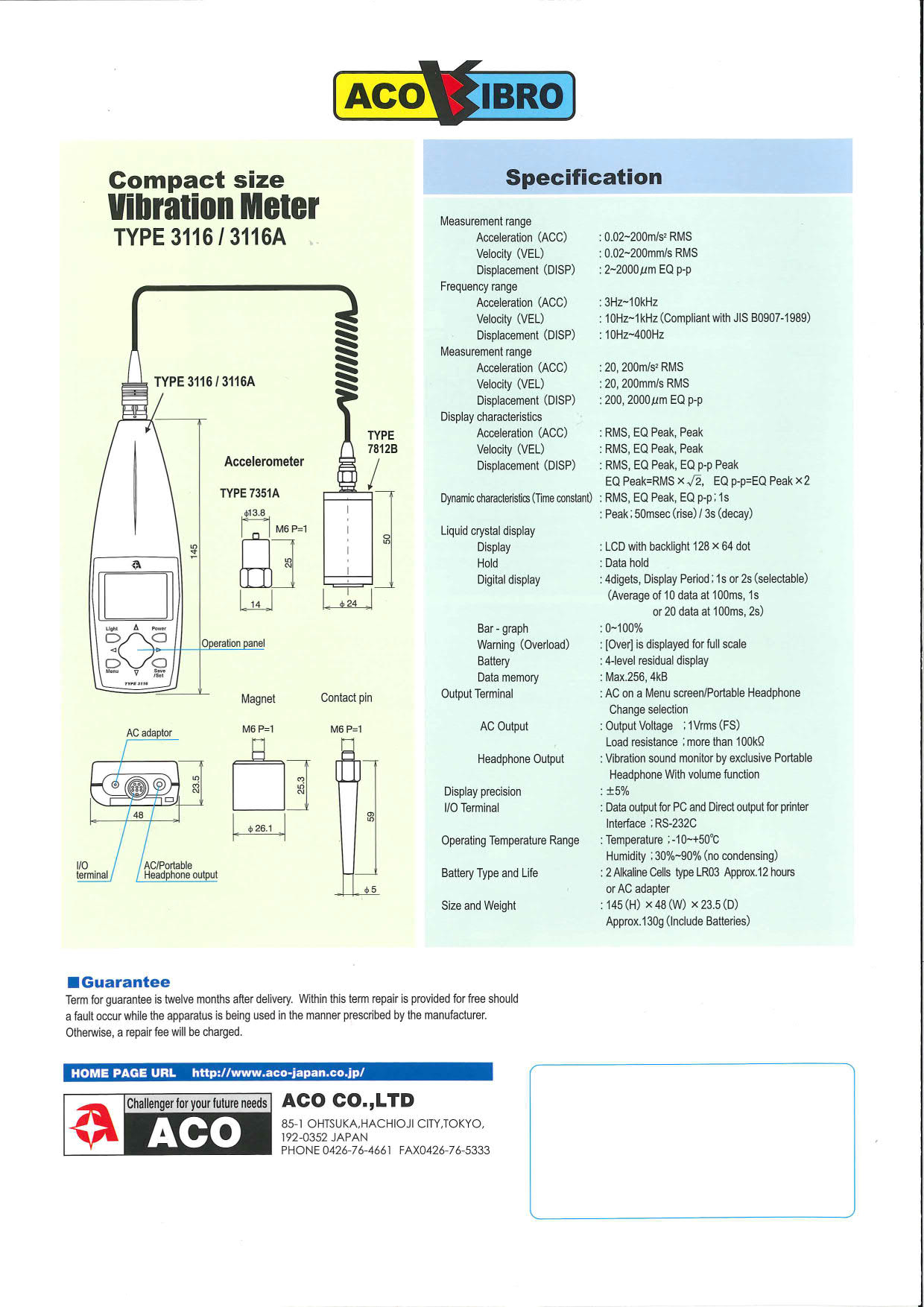 ACO รหัส 3116A เครื่องวัดแรงสั่นสะเทือนแบบดิจิตอล,Compact size vibration Meter