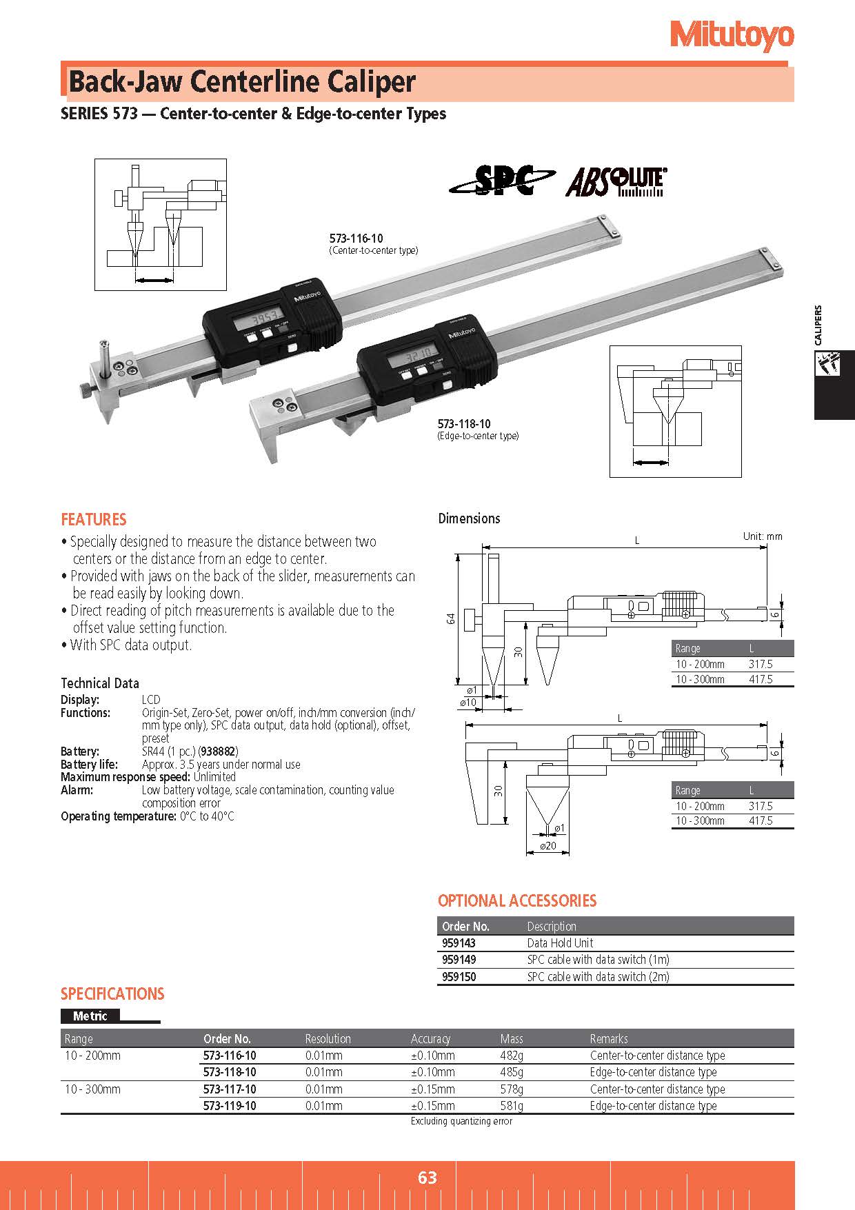 Back-Jaw Centerline Caliper SERIES 573 — Center-to-center & Edge-to-center Types