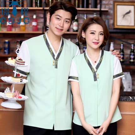 เครื่องแบบชุดฟอร์มพนักงานร้านอาหารกาแฟโรงแรม แขนสั้นผ้าฝ้าย สีภาพ S-4XL F6207002 เสื้อตัวเดียว