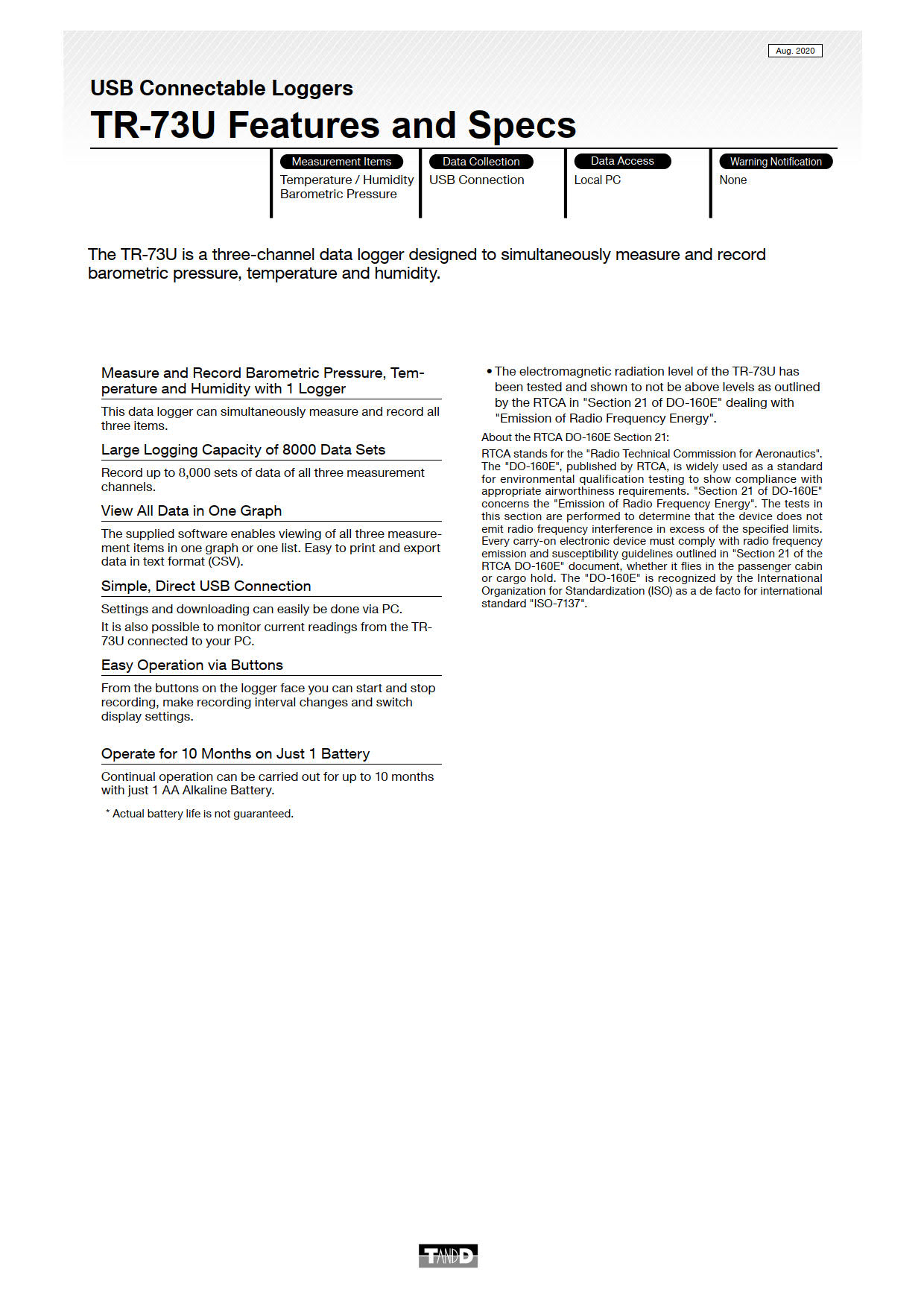 T&D รุ่น TR-73U เครื่องวัดและบันทึกอุณหภูมิความชื้นสัมพัทธ์และความดันอากาศ,Temperature,Humidity,Atmospheric pressure,Barometric(with TR-3100)