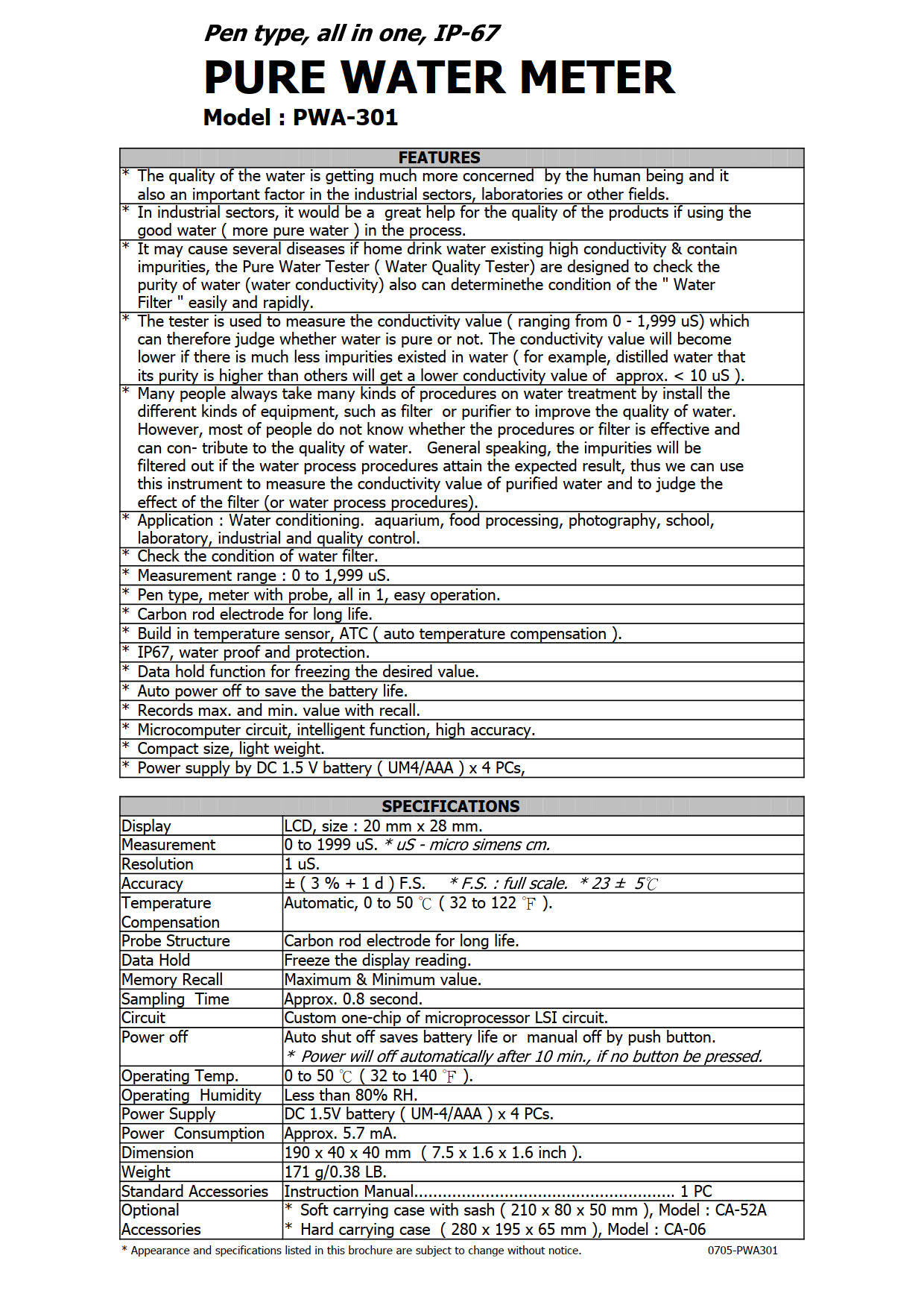 Lutron รุ่นPWA-301เครื่องวัดค่าการนำไฟฟ้าแบบปากกาพกพาสะดวกConductivity Meter 0-1999 micrSiemens Pen Type