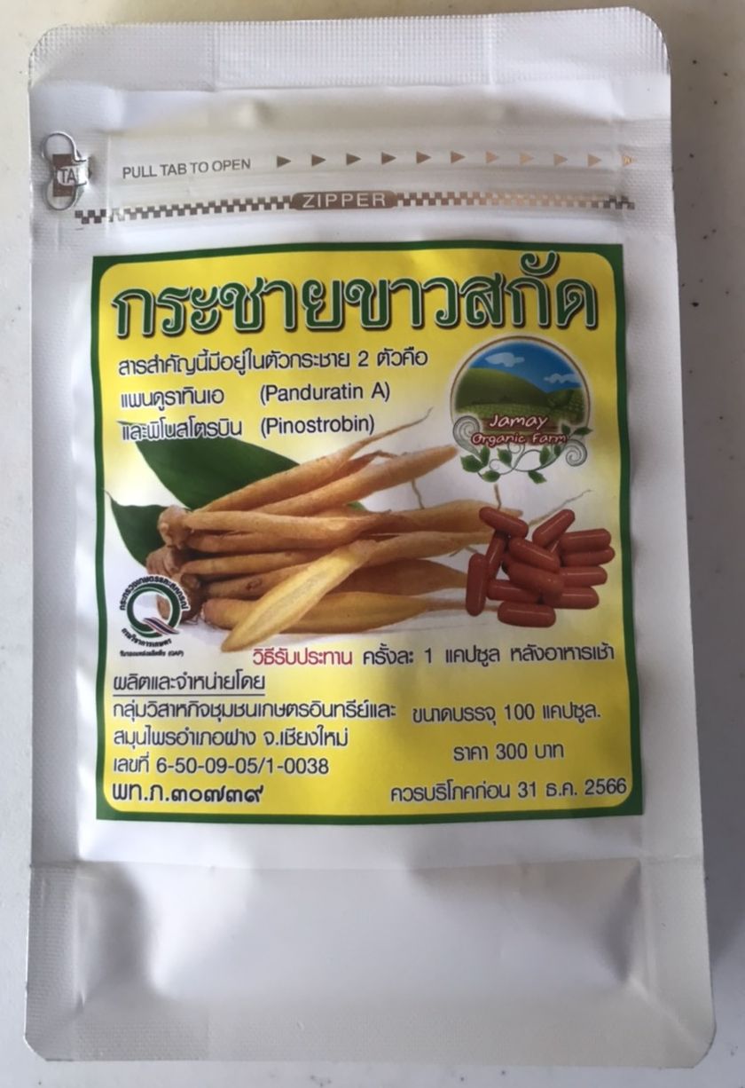 กระชายขาวสกัด บรรจุ 100 เม็ด มีอย. 50-2-05257-6-0115 ไม่ผสมอย่างอื่น กระชายสกัดเข้มข้น 100% กระชายขาวแคปซูล เป็นสารสกัดละลายน้ำได้ สกัดโดยเครื่อง Spray Dry กระชายขาวสกัด Galingale, Chinese ginger กระชายขาว ช่วยบำรุงธาตุ