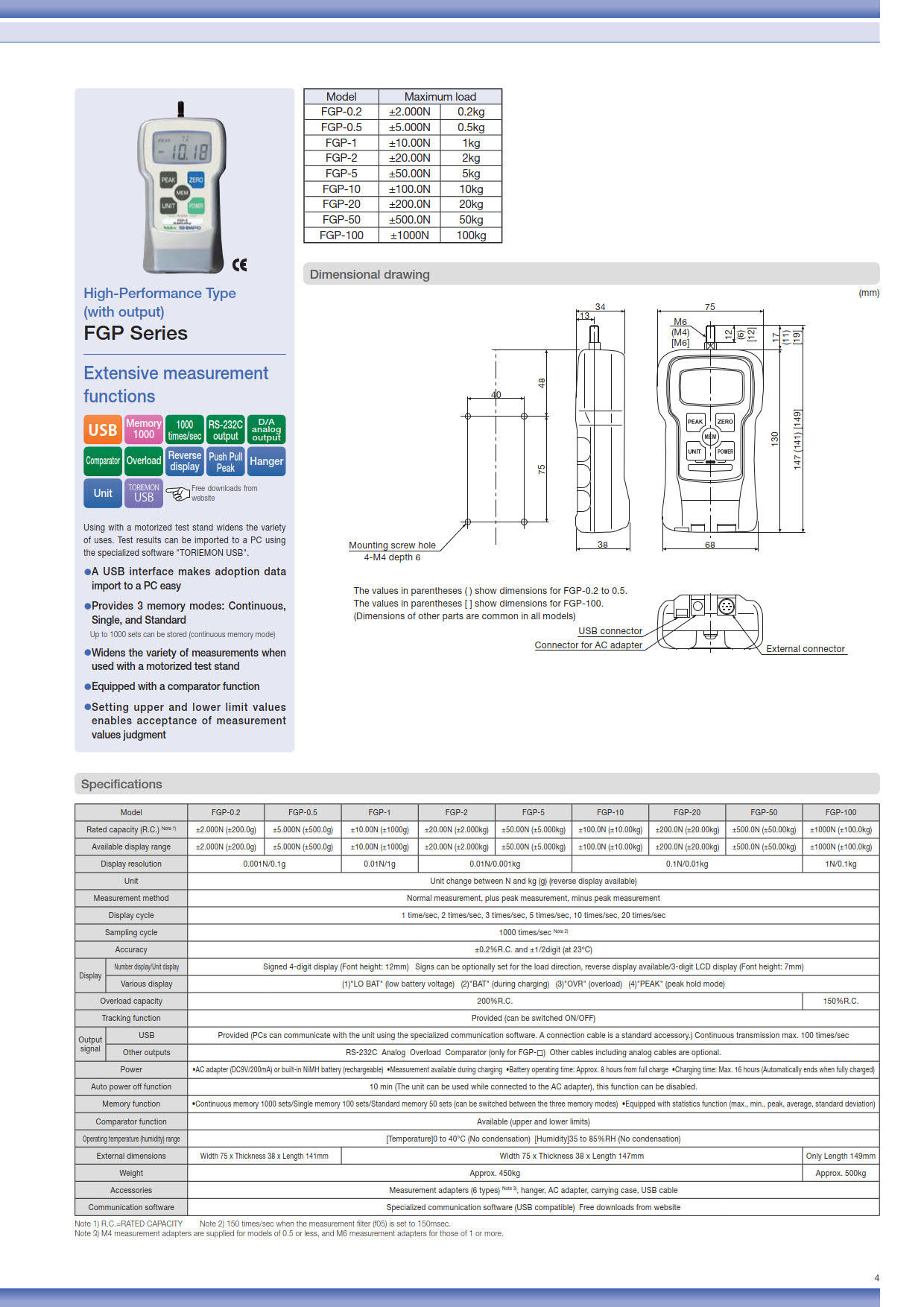 NidecShimpo รหัส FGP-100 เครื่องวัดแรงดึงแรงผลักดิจิตอลประสิทธิภาพสูง,High-performance type digital force gauge,rated capacity(RC) ±1000N(±100.0kg)humidity:35～85%RH