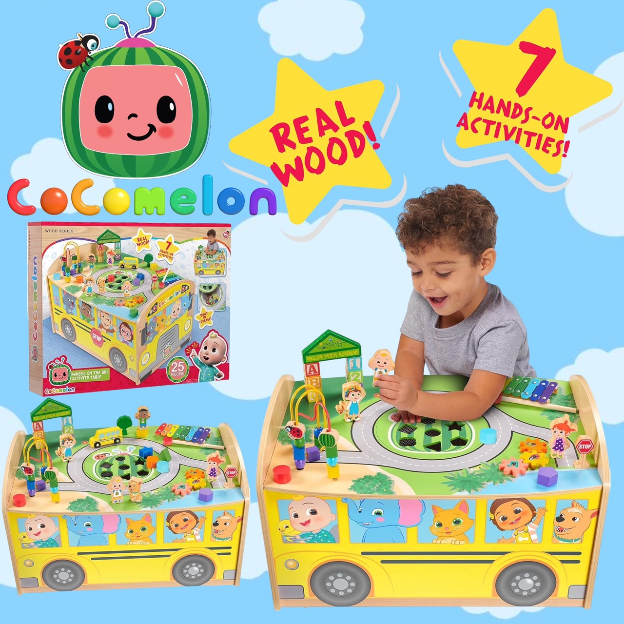 โต๊ะกิจกรรมบล็อคต่อไม้CoComelon Wheels on The Bus Wooden Activity Table, Recycled Wood, Officially Licensed Kids Toys , Ages 18 Month ราคา 4,990 บาท