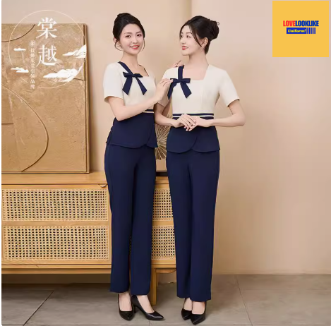 ชุดพนักงานนวดสปา ชุดพนักงานเสริมสวย ชุดทำงาน ชุดสูท แขนยาว น้ำเงิน M-2XL S6805001 ชุด