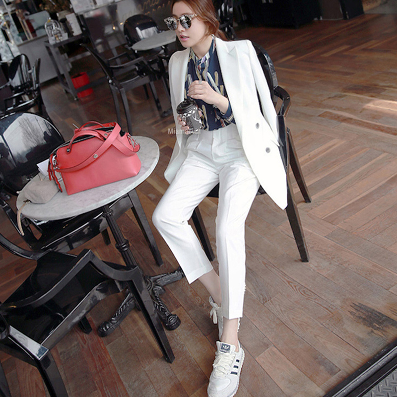 เสื้อชุดสูทผู้หญิงสีขาวแขนยาวสาวทำงานแฟชั่นเกาหลี ขาว ดำ S-2XL SK6411003 ชุด