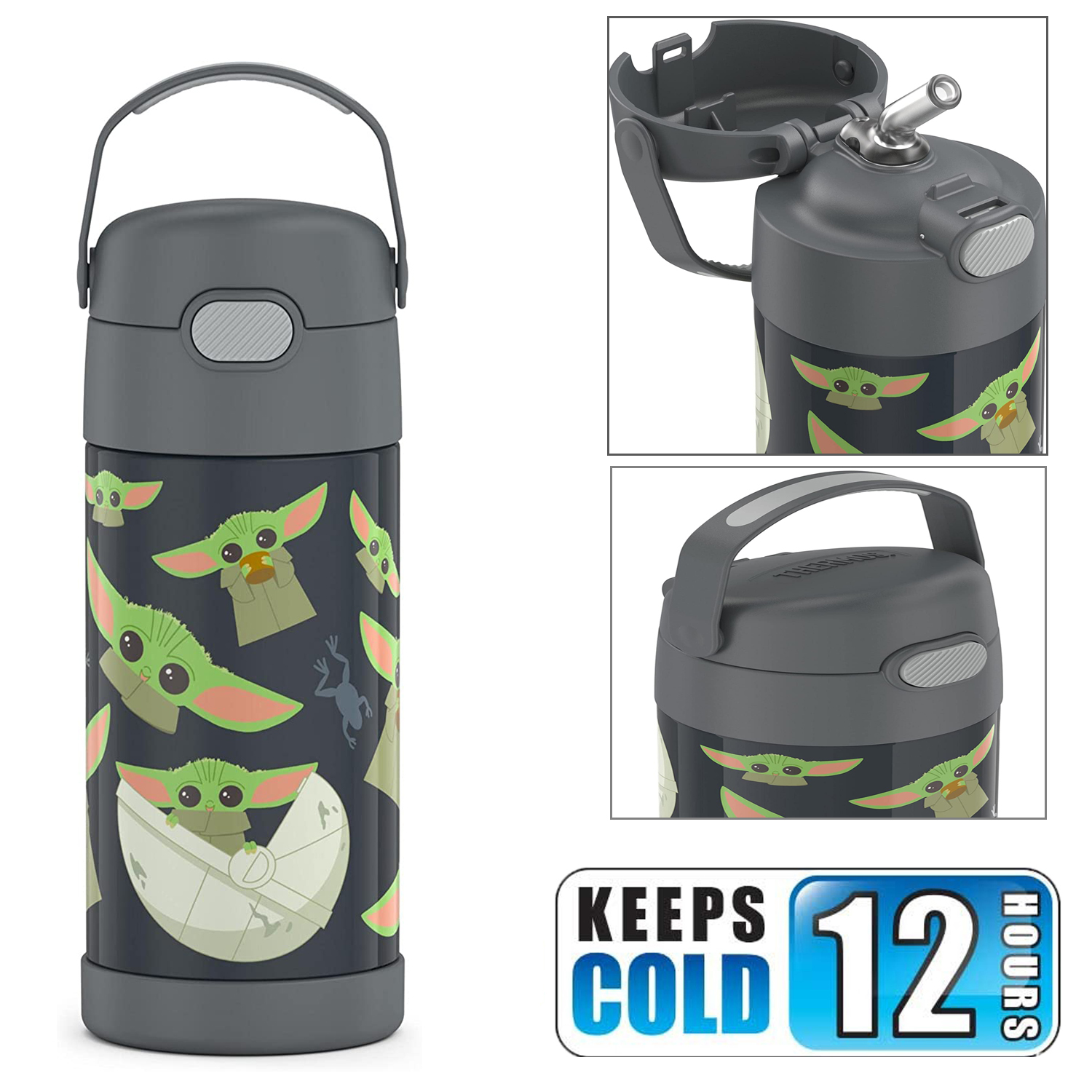 New กระติกน้ำเก็บความเย็น มีหูหิ้ว THERMOS FUNTAINER 12 Ounce Stainless Steel Vacuum Insulated Kids Straw Bottle, Mandalorian