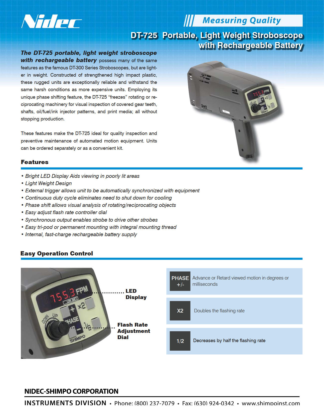 NidecSHIMPO รุ่นDT-725Kitเครื่องวัดความเร็วรอบขนาดพกพา,Digital Stroboscope Kit 115V AC Charger