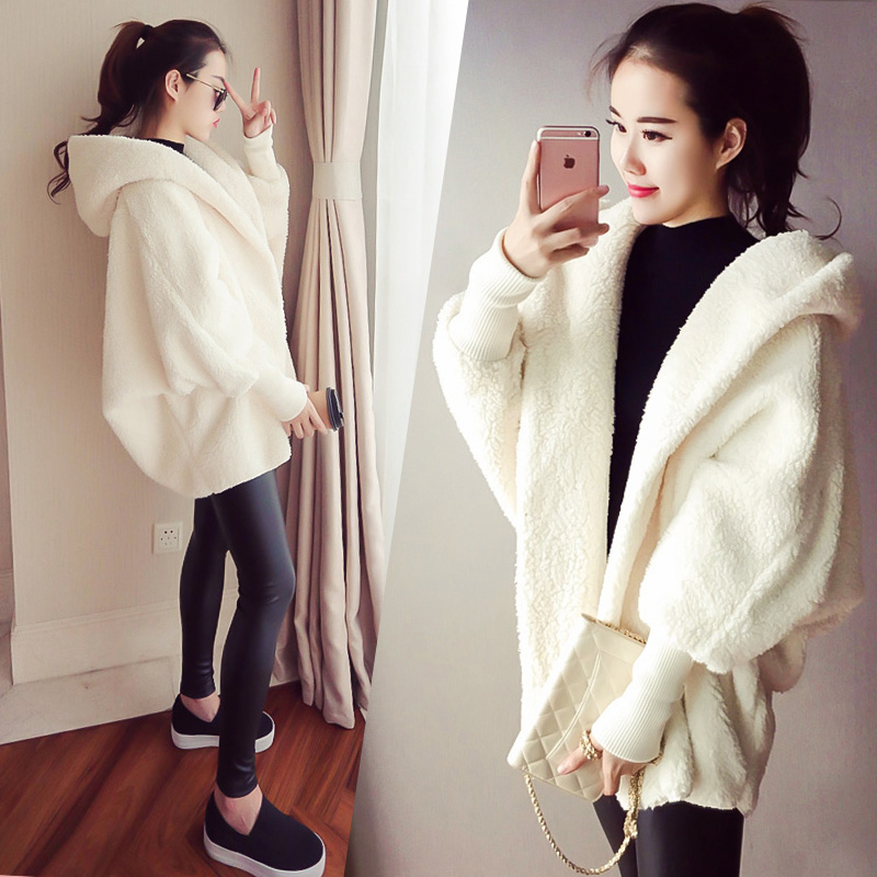 CW6011005 เสื้อคลุมฤดูหนาวขนแกะบวกกำมะหยี่สีขาวมีฮูด ขาวย FREE SIZE CW6011005 ตัว