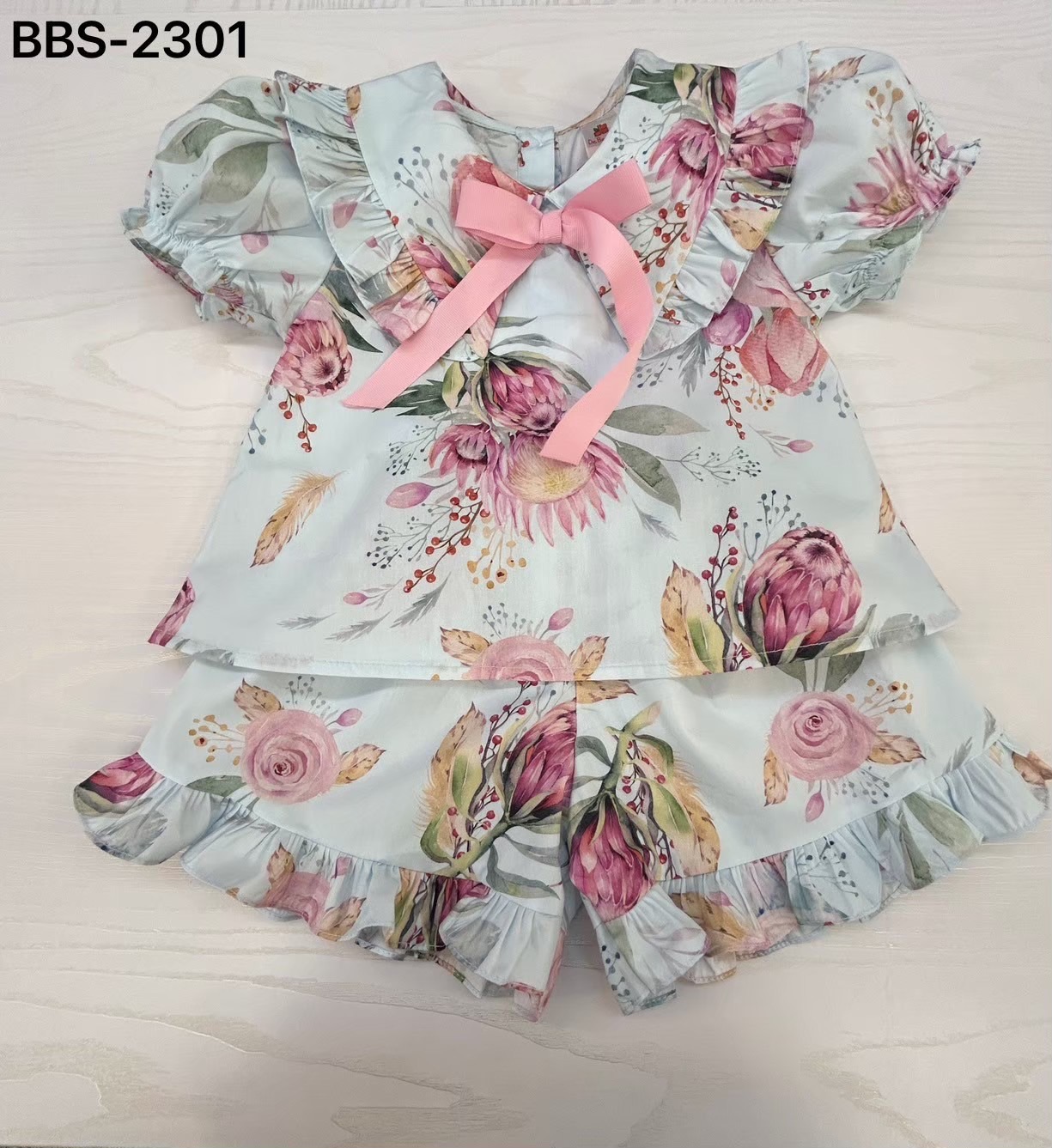 ชุดเด็กผู้หญิงผ้าฝ้ายพิมพ์ลายดอกผูกโบว์น่ารัก