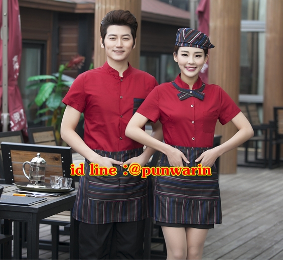 F6012015 เครื่องแบบชุดฟอร์มพนักงานร้านอาหารกาแฟโรงแรม แขนสั้นผ้าฝ้ายกระดุมหน้า แดง ดำ เขียว L-3XL F6012015 เสื้อ+กันเปื้อน