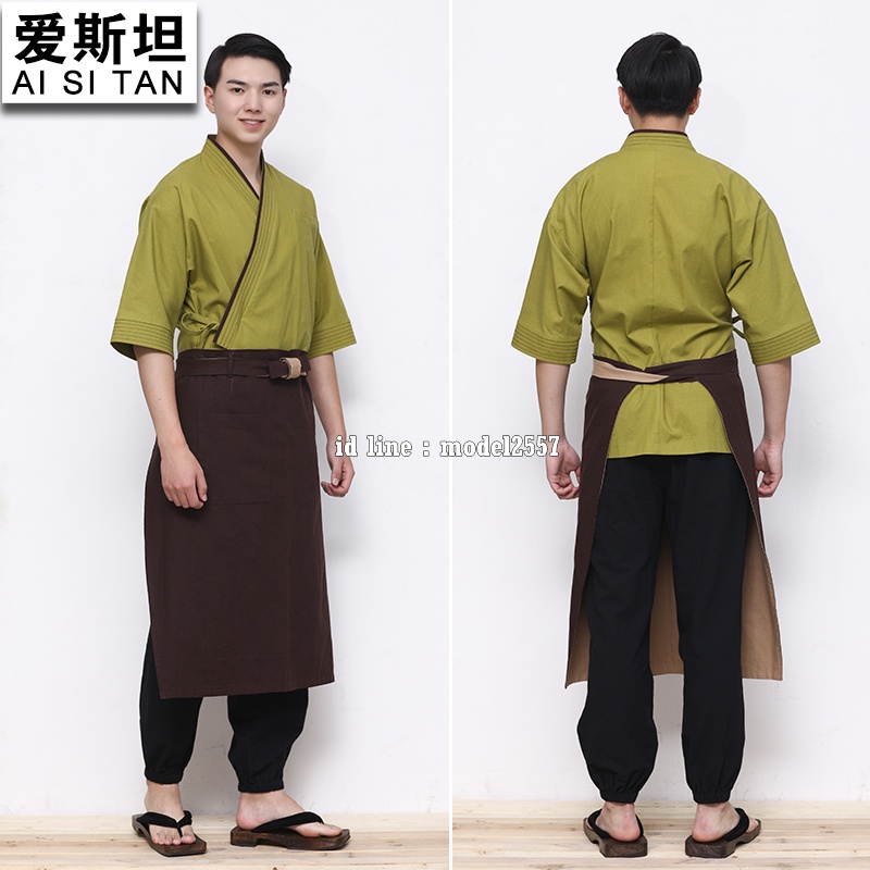 G6109002ชุดซูชิกิโมโนสไตร์ญี่ปุ่นเสริฟ สำหรับห้องอาหารญี่ปุ่นเกาหลีจีน เสื้อเชฟ พ่อครัว บริกร เขียวภาพ M L XL G6109002 ตัว