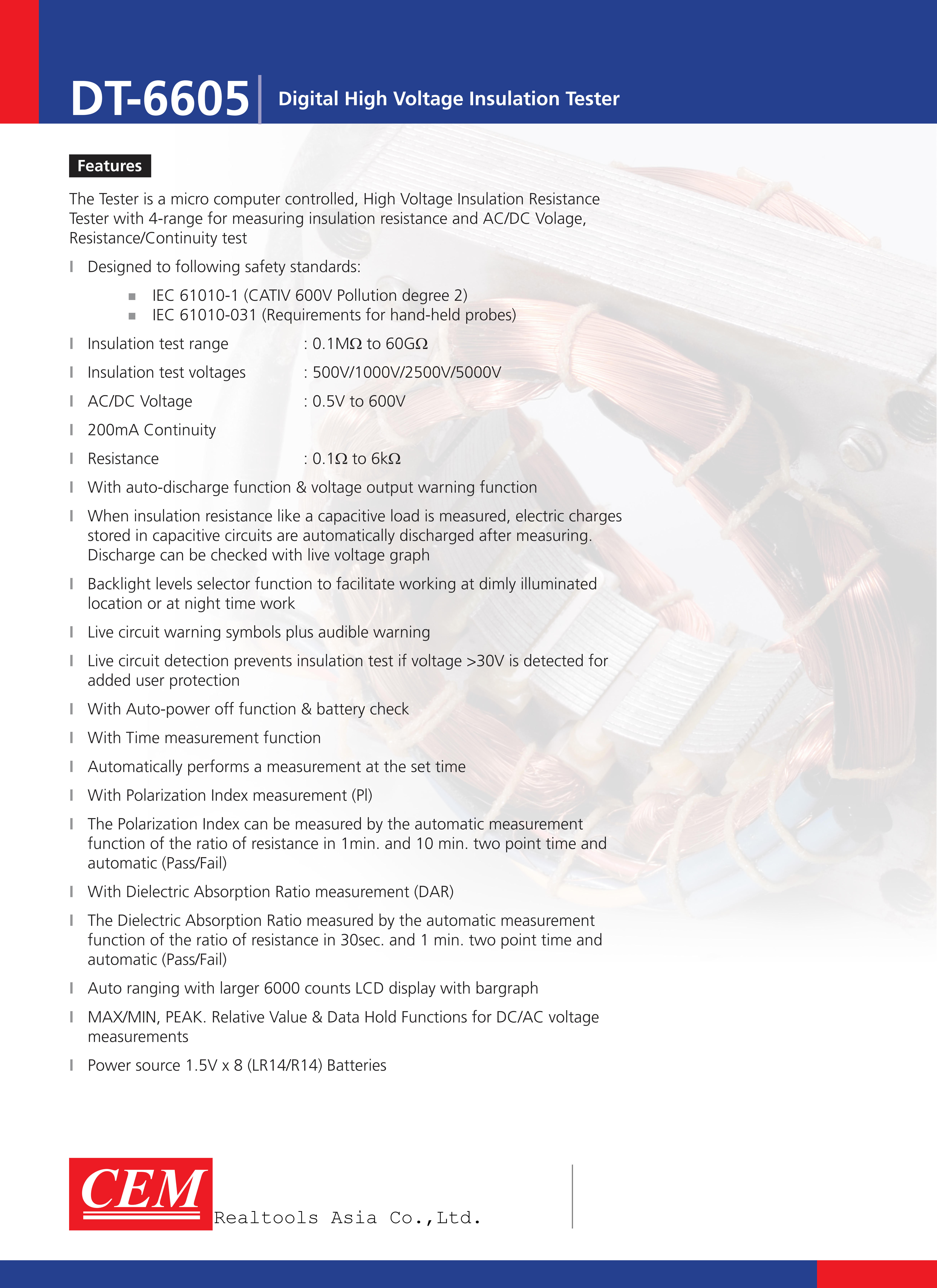 CEM รุ่นDT-6605เครื่องวัดความต้านทานDigital Insulation Tester Meg/Giga Ohm Meter,Insulation test range:0.1～60GΩ