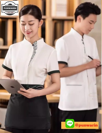 ชุดพนักงานร้านอาหารร้านกาแฟโรงแรมรีสอร์ต แขนยาว สำเนา เขียว แดง ครีม L-5XL FC6701001 เสื้อ+เปื้อน **ไม่มีขั้นต่ำ