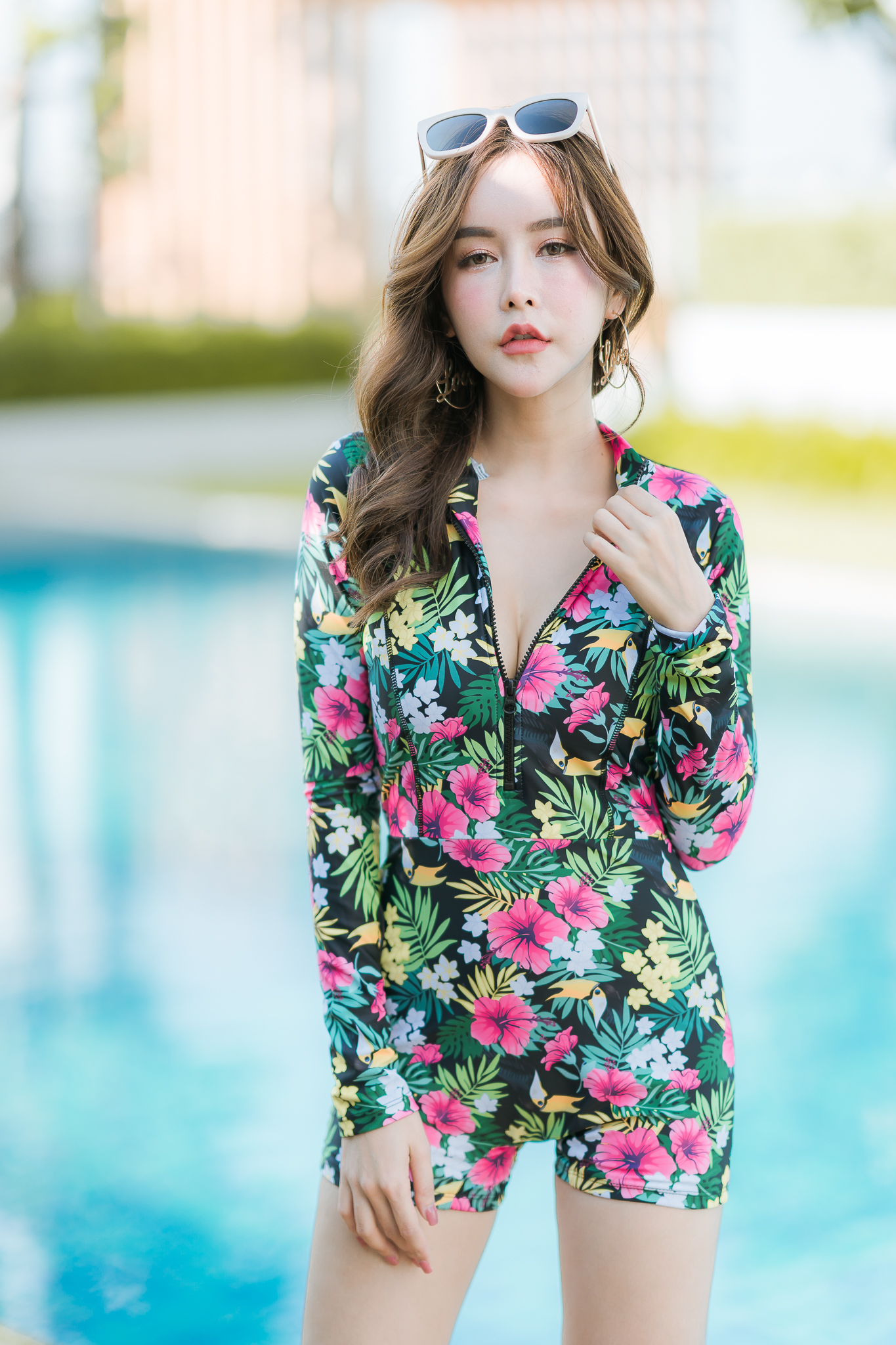 [Size M, L, XL] ชุดว่ายน้ำวันพีชขาสั้นซิปหน้า ลาย Tropical สีดำ